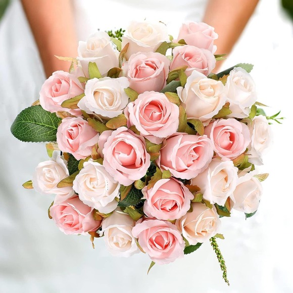 48-Pcs Artificial Silk Rose Flowers w/ Leaves & Stems for Wedding Bridal Shower - Picture 11 of 14